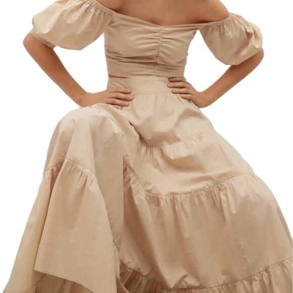Mango MNG Off Shoulder Crop Top Flared Poplin Skirt Set XS/S New Tan Beige Maxi - Picture 11 of 14